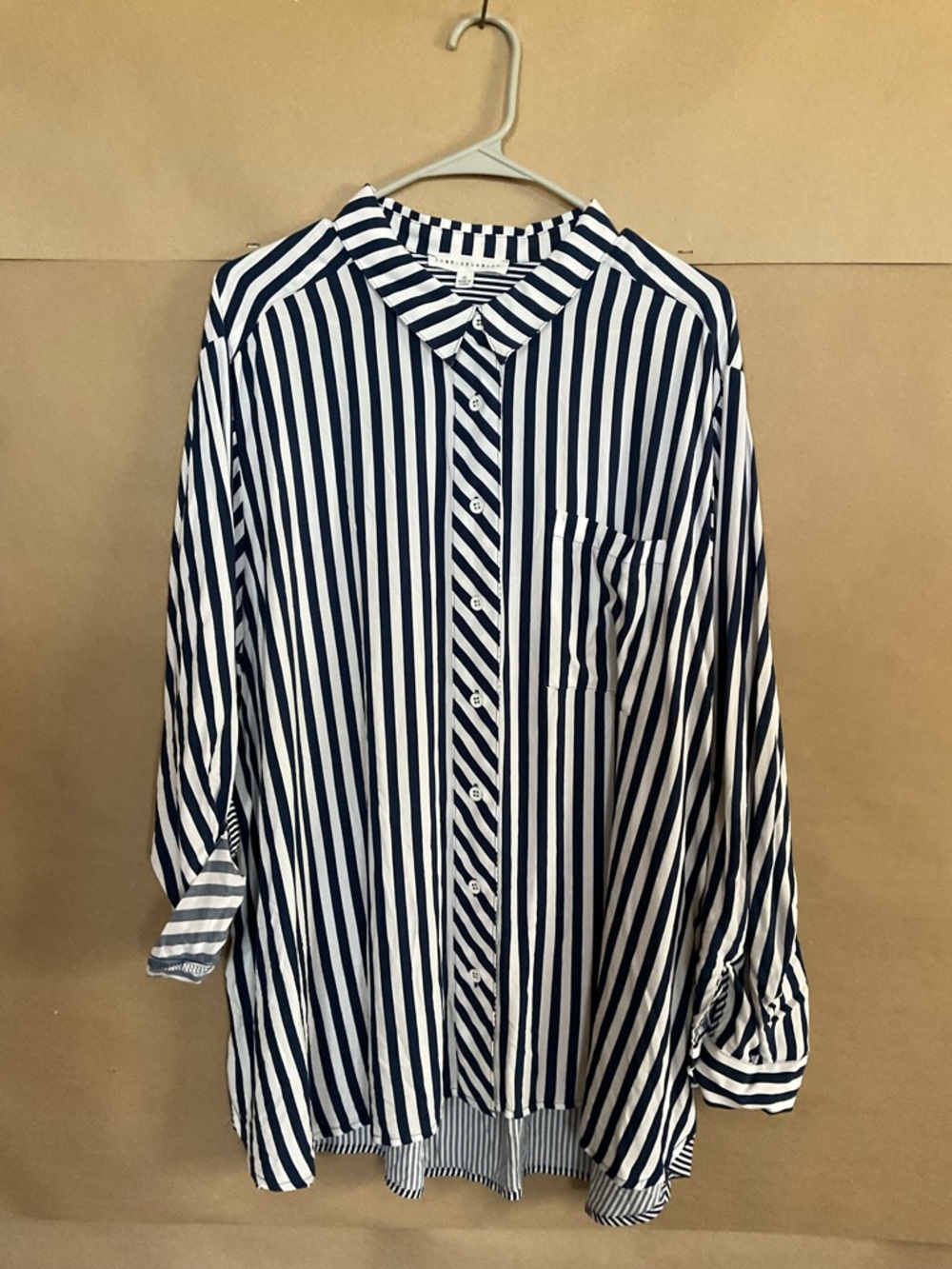 Jane Delancey Navy and White Vertical Stripe Button-Up Shirt. Size 2X
